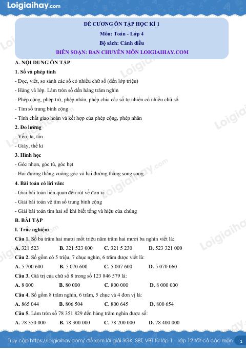Đề cương ôn tập HK1 Toán 4 Cánh diều có đáp án